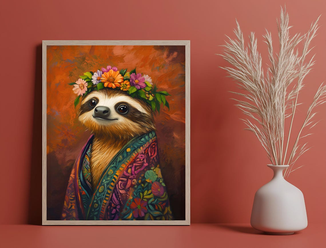 Smiling Sloth Flower Crown Patterned Robe Burnt Orange Art Poster - Image 3