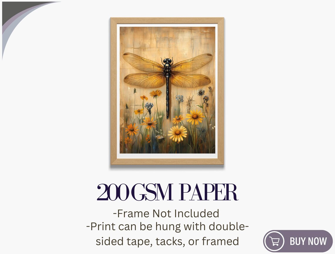 Golden Dragonfly Yellow Daisies Aged Parchment Botanical Art Print - Image 5