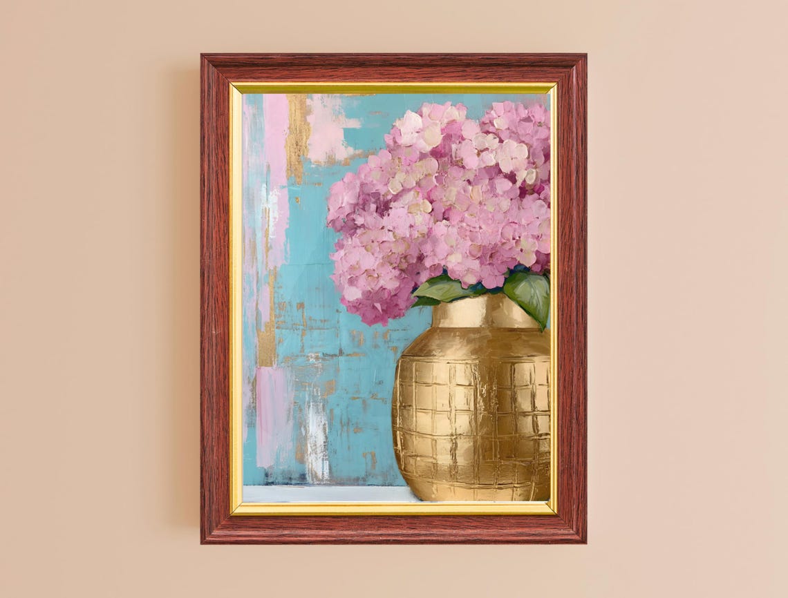 Pink Hydrangeas Gold Vase Turquoise Background Floral Wall Art Print - Image 2