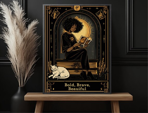Bold Brave Beauiful Black Gold Reader Girl Cat Quote Art Poster