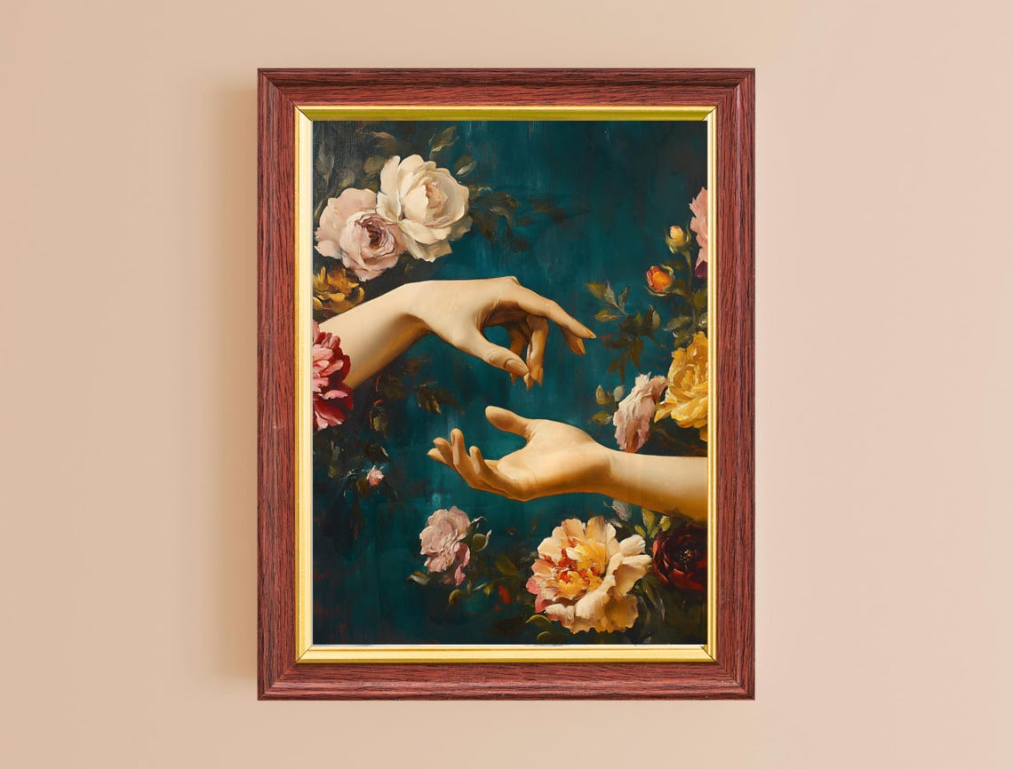 Reaching Hands Deep Teal Roses Moody Floral Vintage Maximalist Poster - Image 2