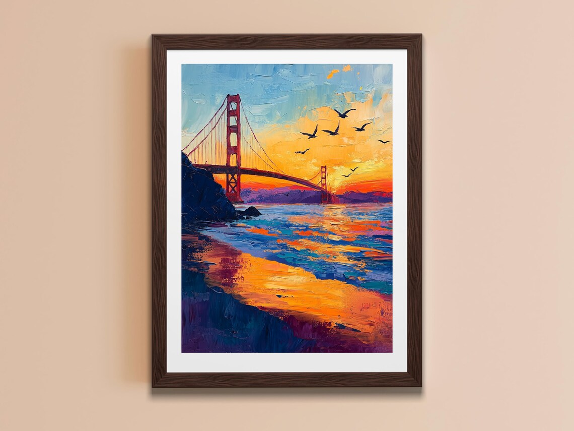 San Francisco Golden Gate Bridge Sunset Oil Painting Seagulls Bay Travel Poster - Image 6