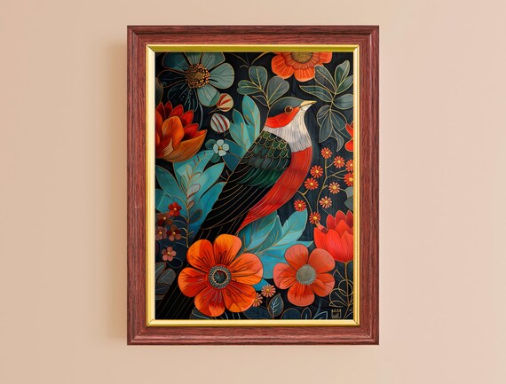 Red Breasted Bird Klimt Style Illustration Dark Floral Maximalist Poster