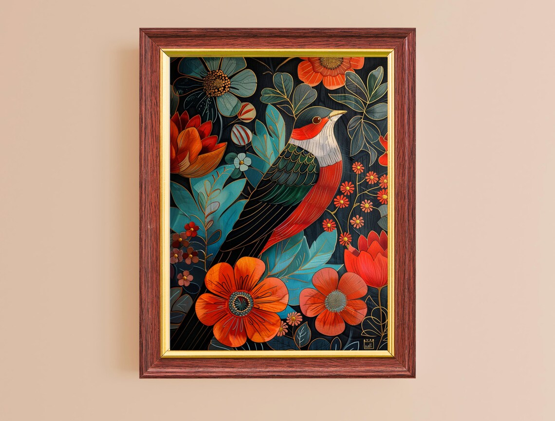 Red Breasted Bird Klimt Style Illustration Dark Floral Maximalist Poster