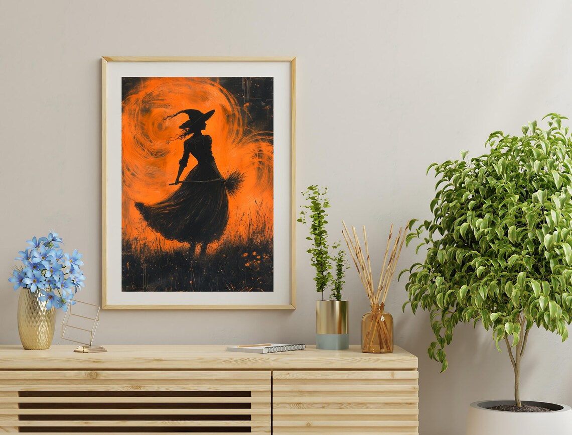 Witch Silhouette Orange Moon Spooky Autumn Halloween Night Art Poster - Image 3