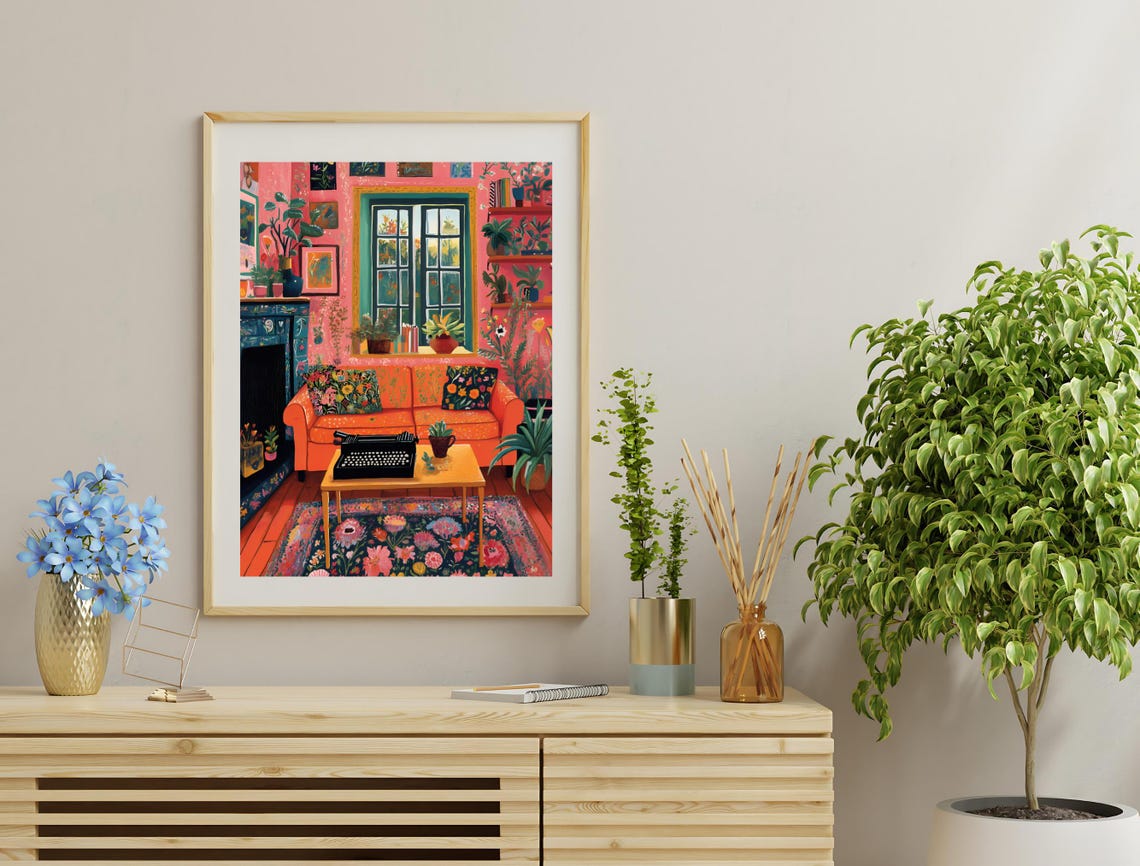 Matisse Inspired Maximalist Living Room Orange Sofa Plants Art Print - Image 3