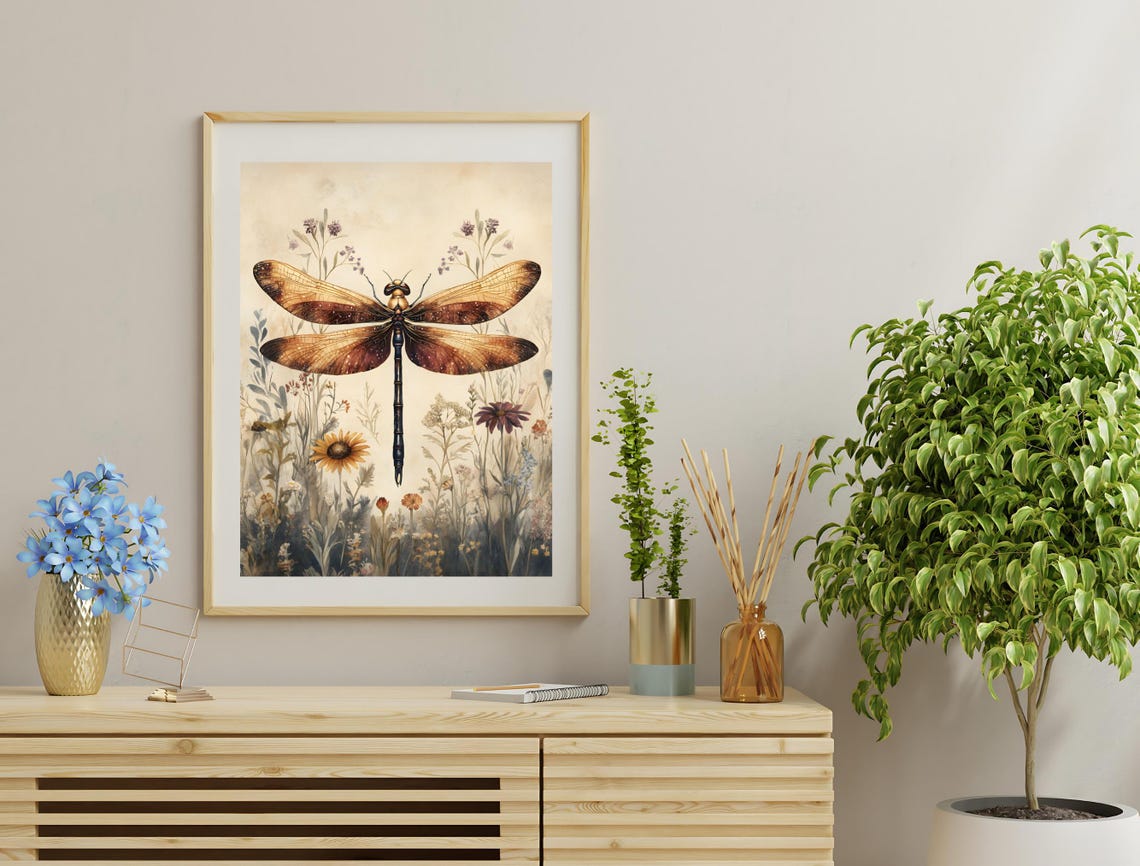 Copper Dragonfly Wildflower Meadow Vintage Botanical Wall Art Print - Image 3