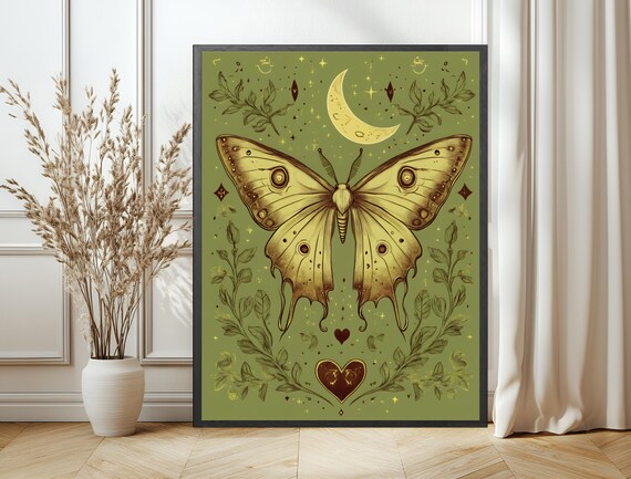 Golden Celestial Moth Sage Background Moonlight Botanical Poster