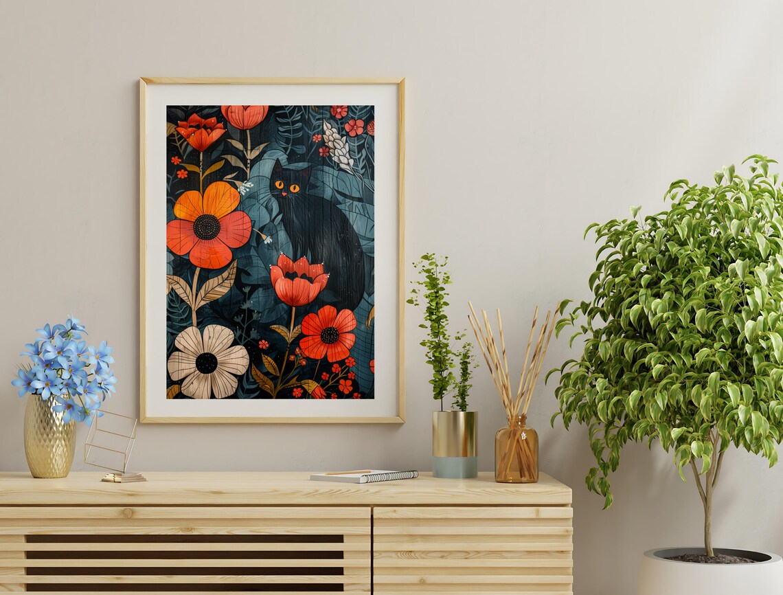 Black Cat Red Flowers Dark Floral Illustration Whimsical Wall Art Poster - Image 4