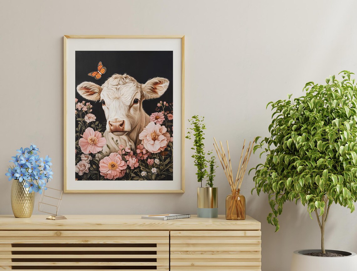 Cute White Calf Butterfly Pink Flowers Dark Background Nursery Print - Image 3