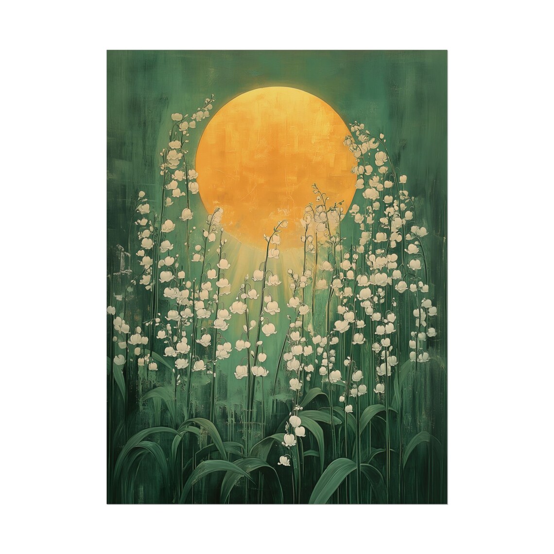 White Lily Of The Valley Golden Sun Green Impressionist Floral Meadow Wall Art - Image 2