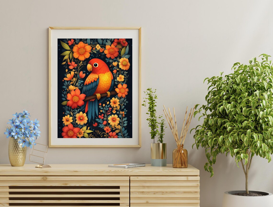 Red Gold Parrot Blue Wings Floral Dark Background Tropical Bird Print - Image 2