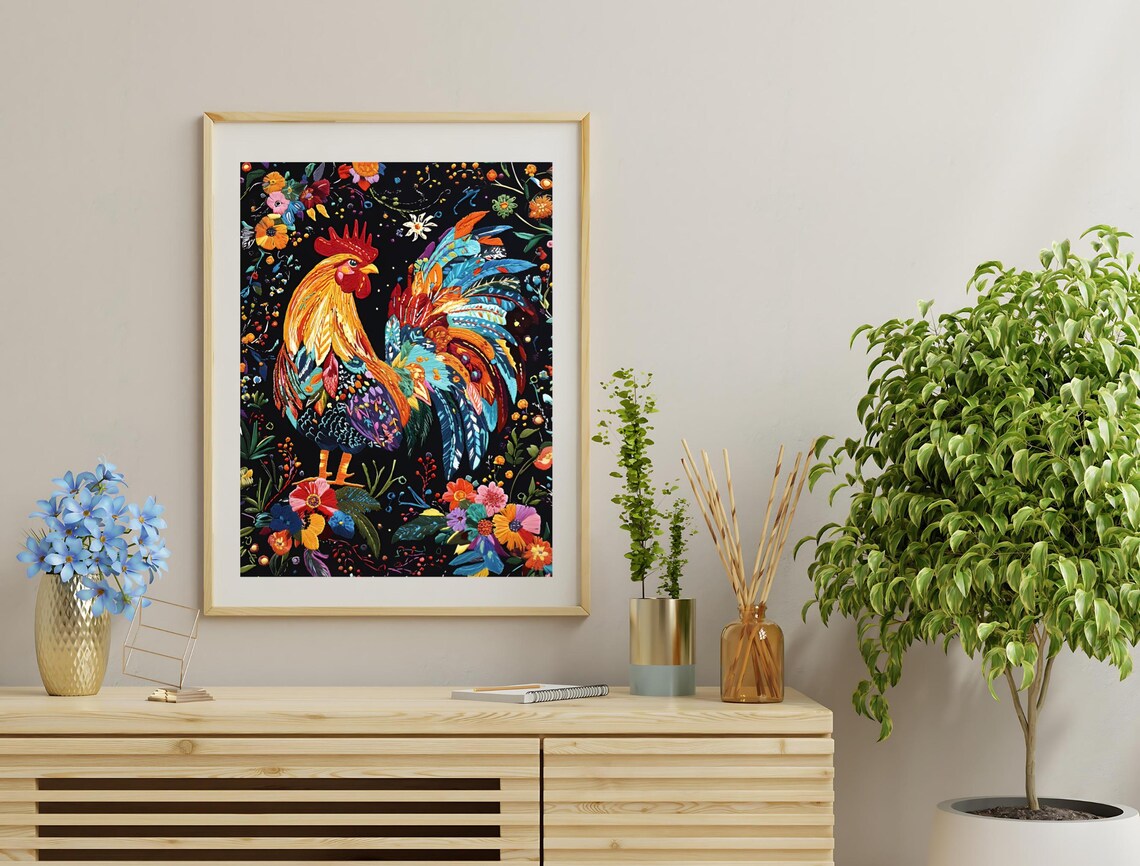 Proud Colorful Rooster Rainbow Tail Feathers Floral Dark Art Print - Image 3