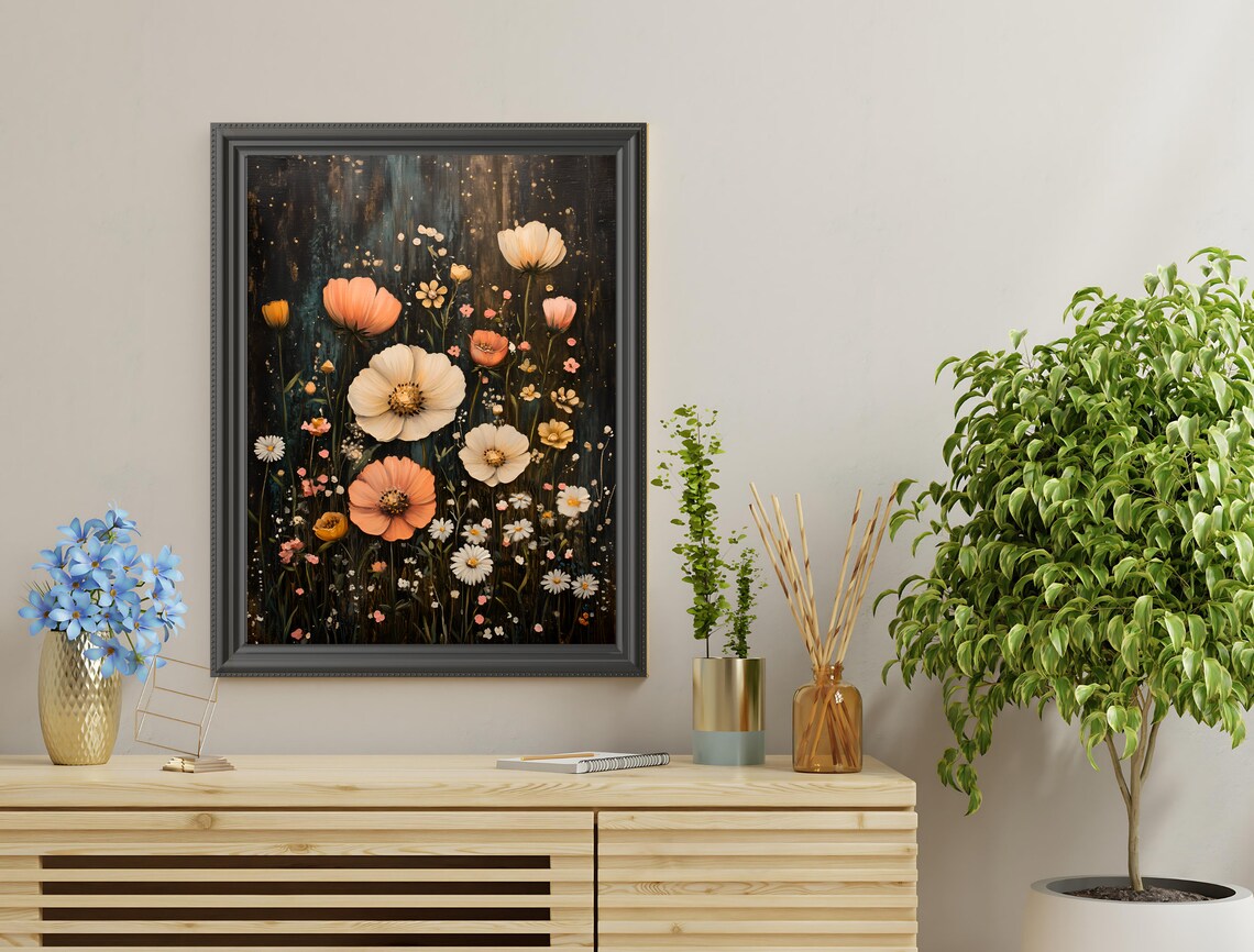 Wildflower Meadow Cream Cosmos Moody Dark Vintage Botanical Art Poster - Image 4