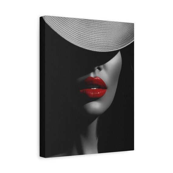 Black and White Woman Red Lips Sun Hat Noir Style Artwork Print
