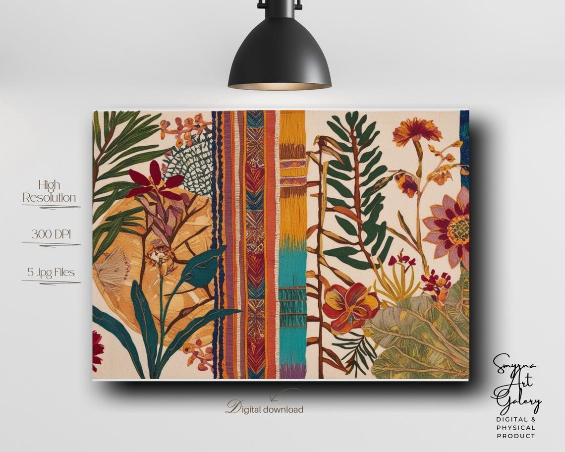 Bohemian Botanical Bold Textile Stripes Tropical Floral Wall Art