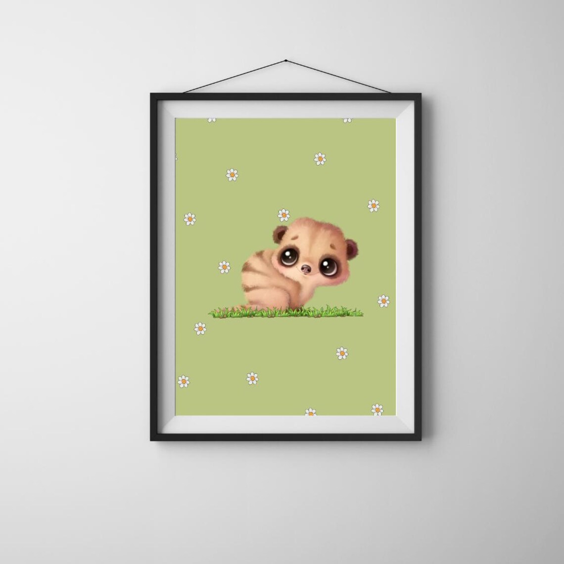 Cute Meerkat Baby Animal Nursery Wall Art Green Daisy Kids Decor