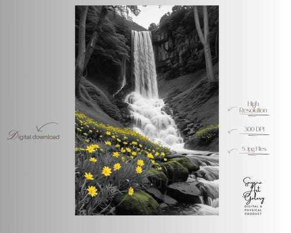 Selective Color Waterfall Wall Art Black And White Nature Photography With Yellow Flowers Modern Botanical Landscape Print