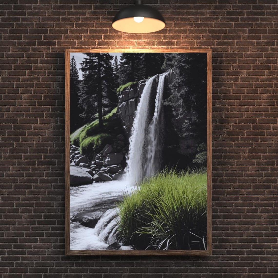Green Grass Waterfall Selective Color Black White Forest Photo Poster