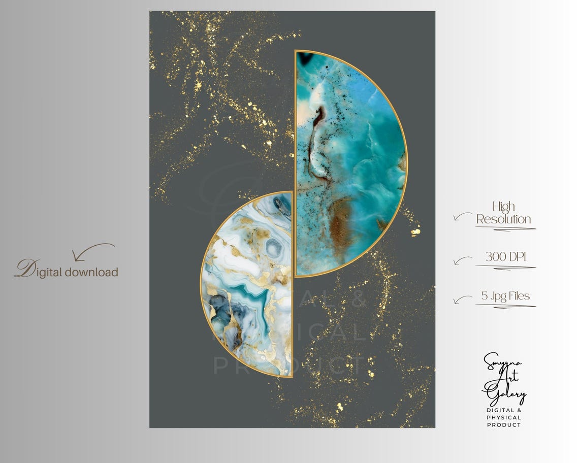 Blue Gold Geometric Abstract Half Moon Marble Geode Wall Art