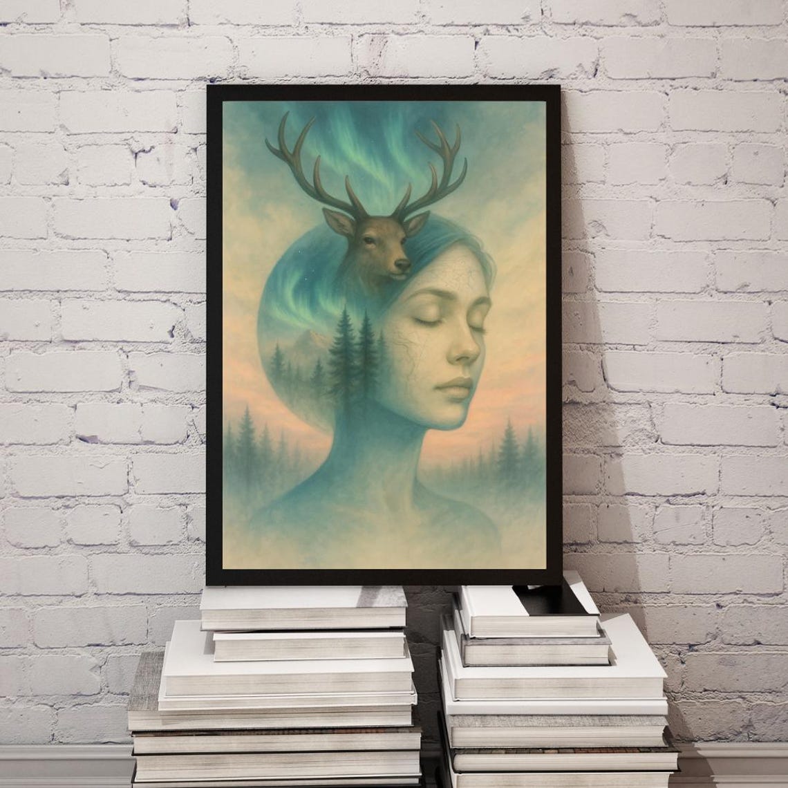 Woman Stag Double Exposure Aurora Forest Profile Portrait Print