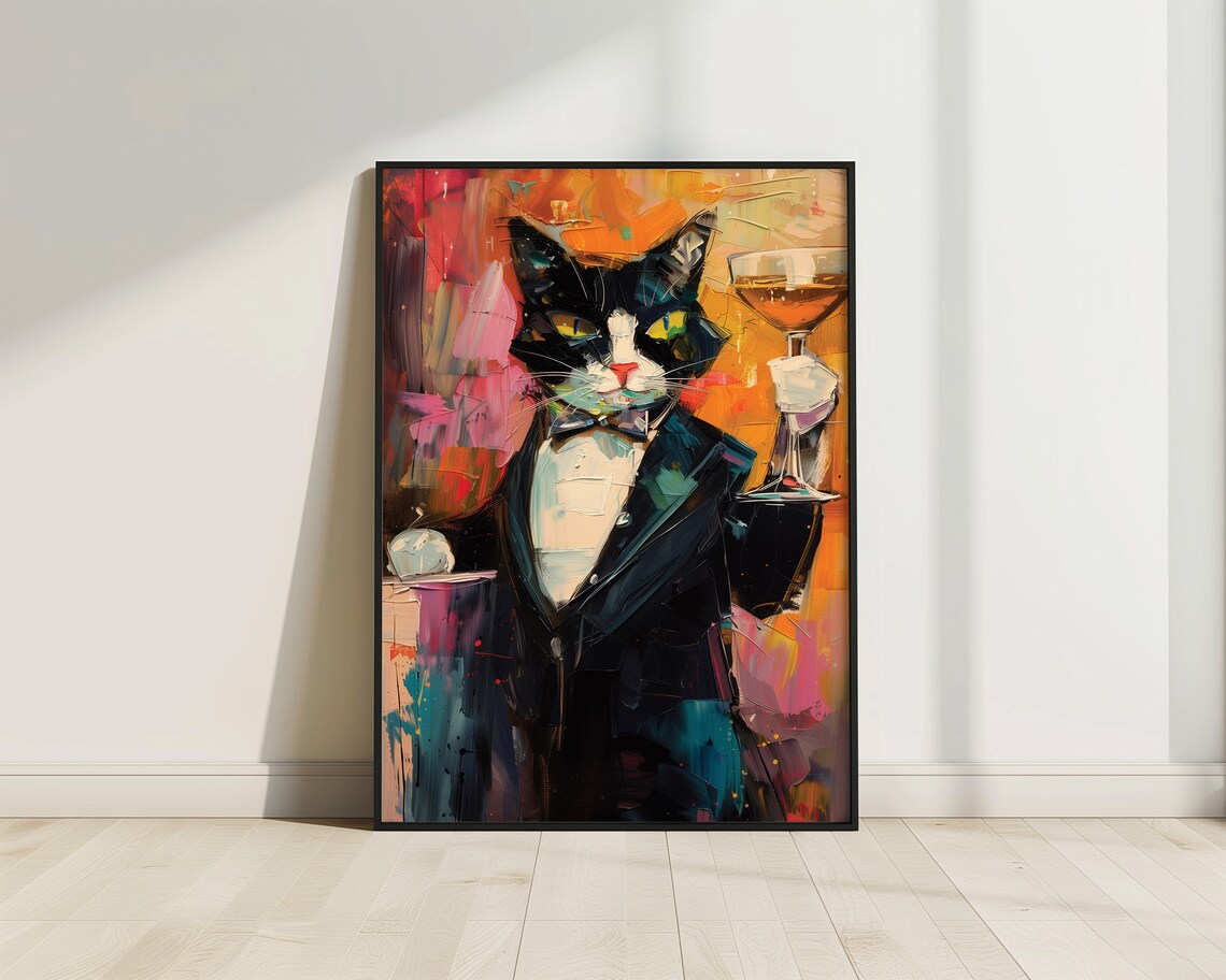 Tuxedo Cat Cheers Portrait Print Cat Cheers Print Cat Cheers Cocktail Print Cat Wall Decor Wall Art Cat Funny Poster Vivid Oil Painting
