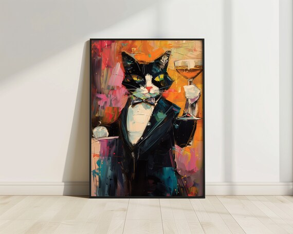 Tuxedo Cat Cocktail Suit Bow Tie Funny Feline Toast Oil Painting Poster
