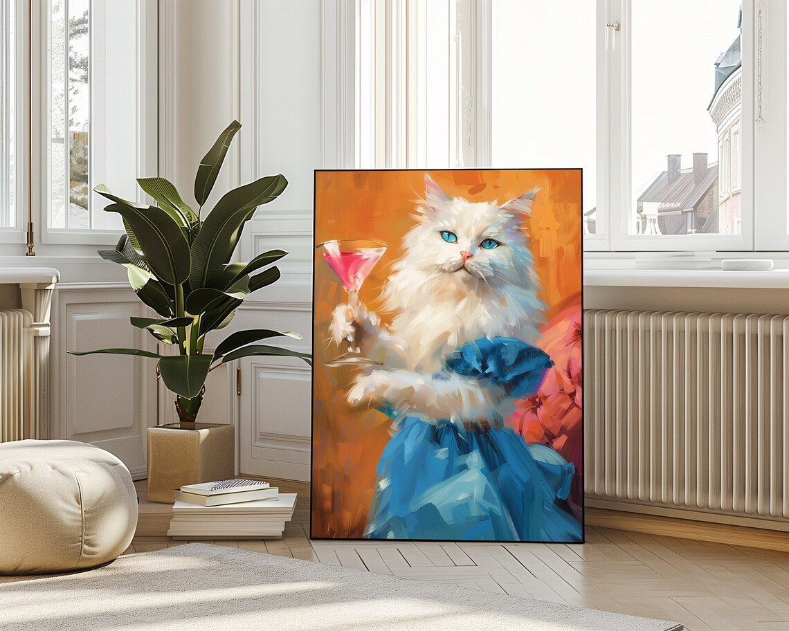 White Cat Cheers Cocktail Funny Feline Toast Vivid Oil Painting Poster - Image 4
