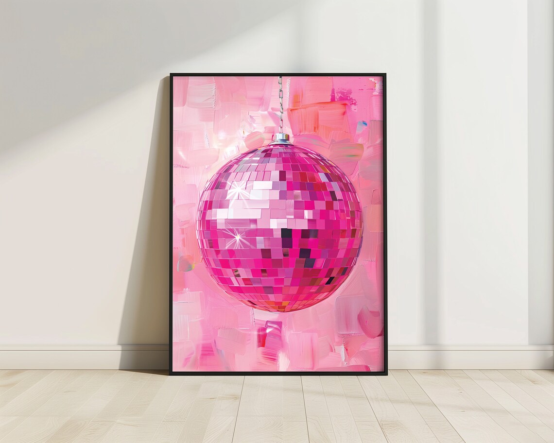 Pink Disco Ball Poster, Vivid Oil Painting