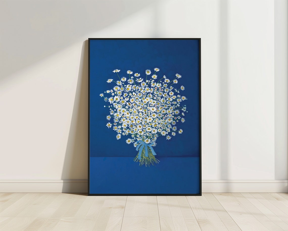 White Daisy Bouquet Tied With Blue Ribbon Navy Background Wall Art