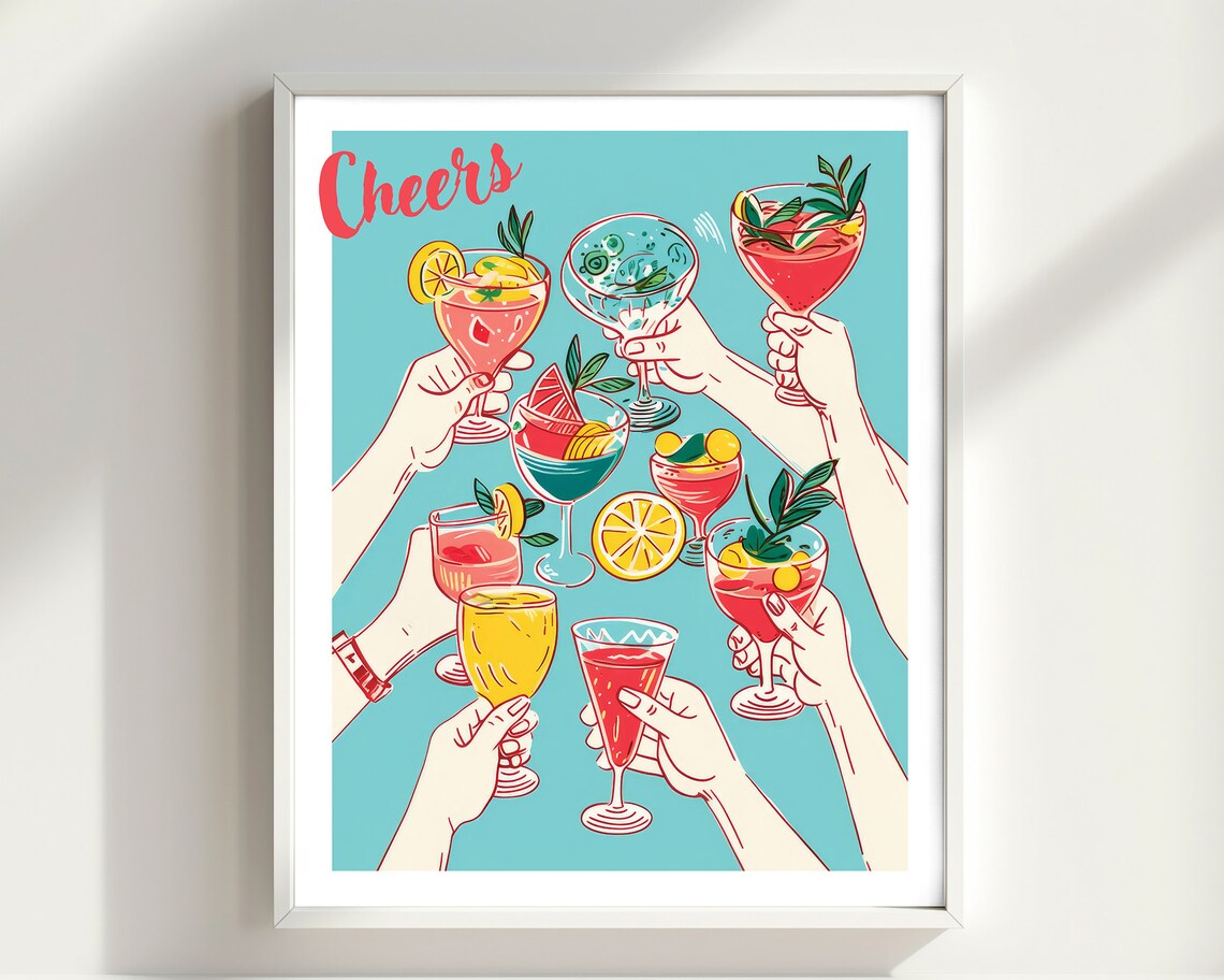 Cheers Cocktail Glasses Toast Retro Illustration Party Wall Art - Image 2