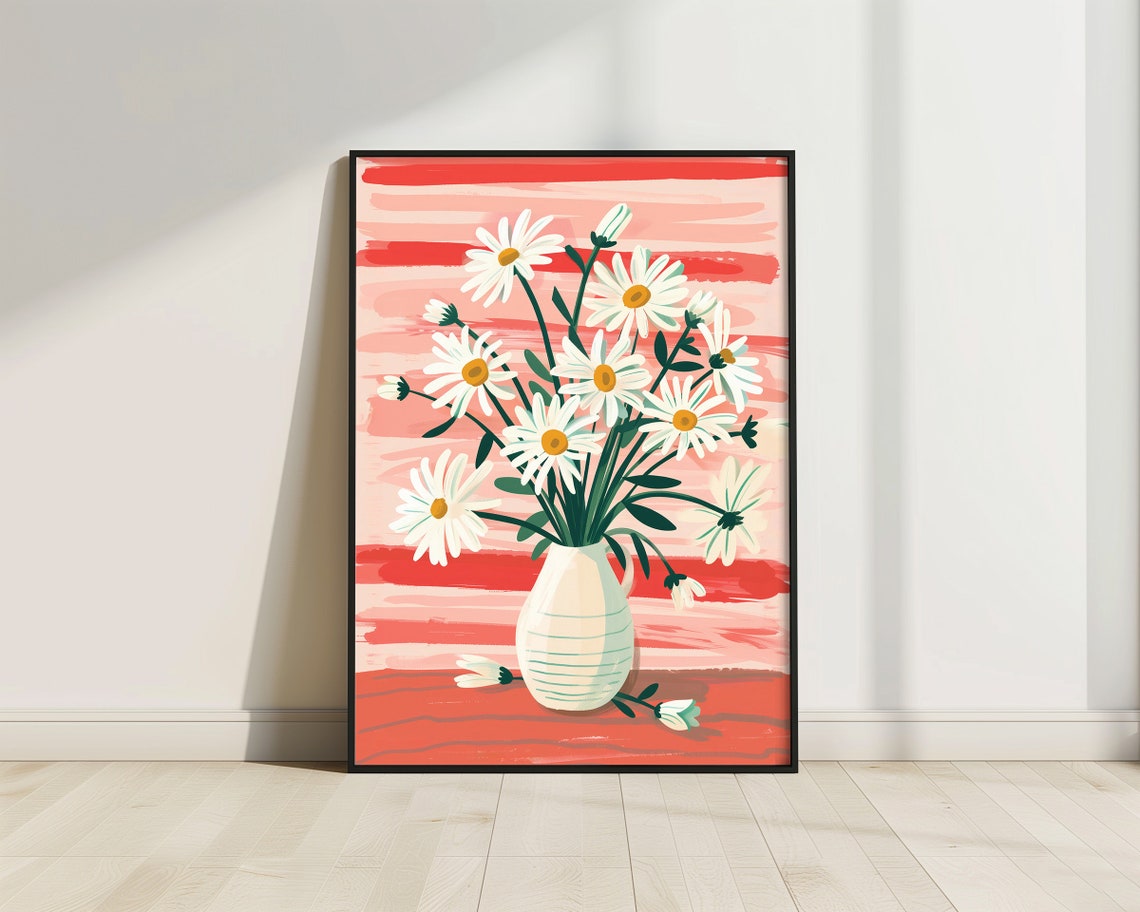 White Daisies in Vase Coral Brushstroke Botanical Floral Poster