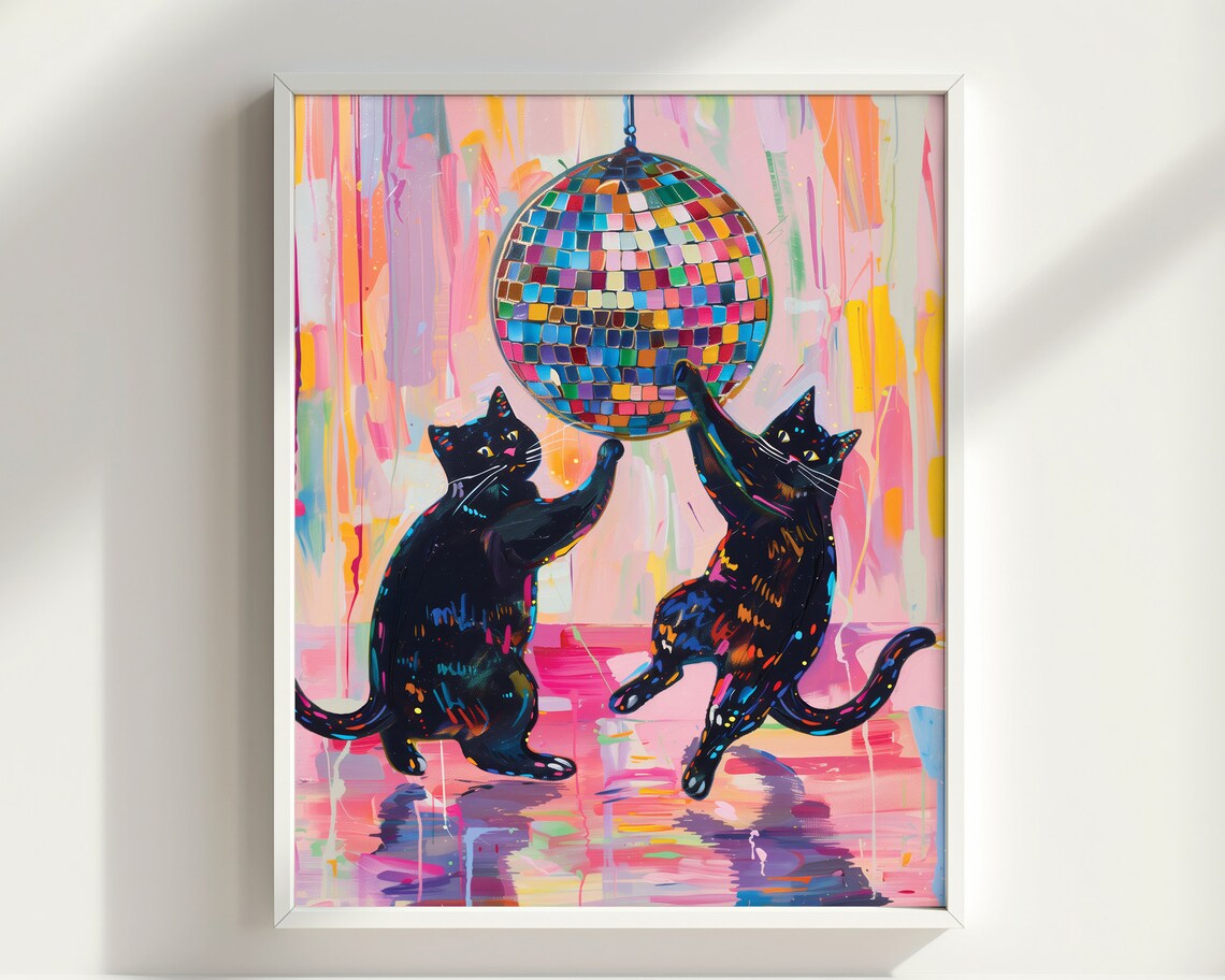 Black Cats Catching Disco Ball Poster Print - Image 2