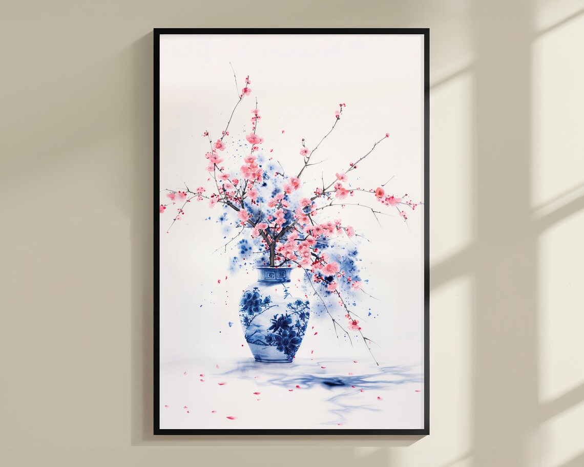 Pink Blossom Watercolor Blue Vase Delicate Petal Spring Flower Poster - Image 3