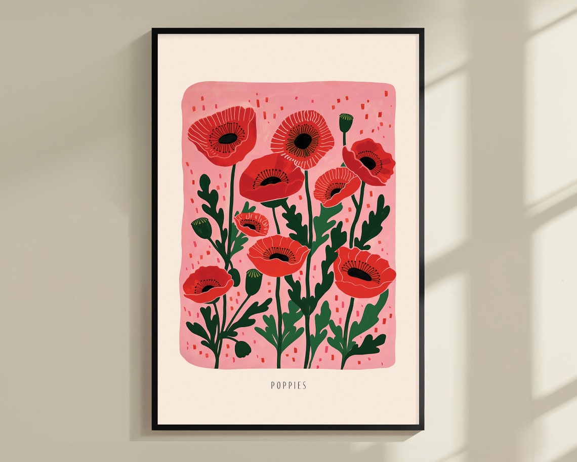 Red Poppy Botanical Illustration Pink Background Floral Bloom Poster - Image 3