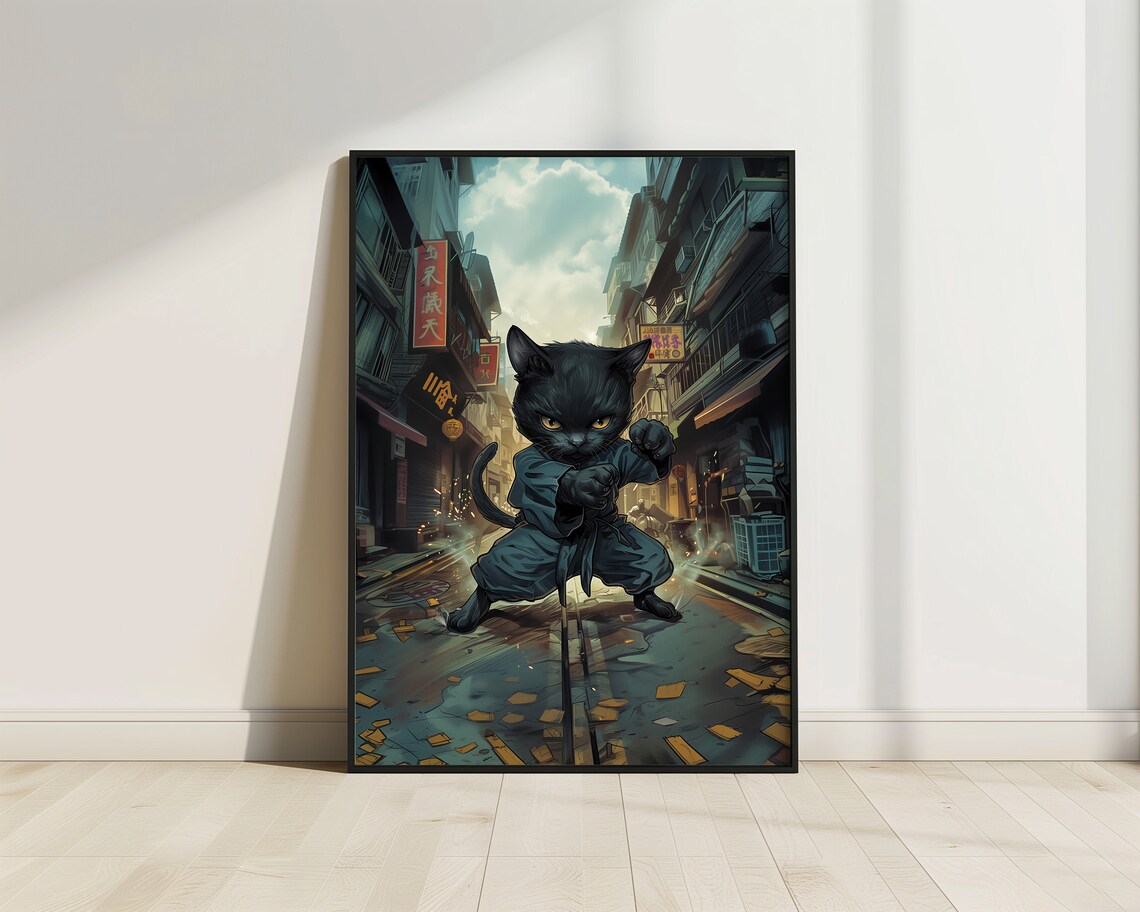 Kung Fu Black Cat Martial Arts Alley Anime Style Fierce Feline Poster