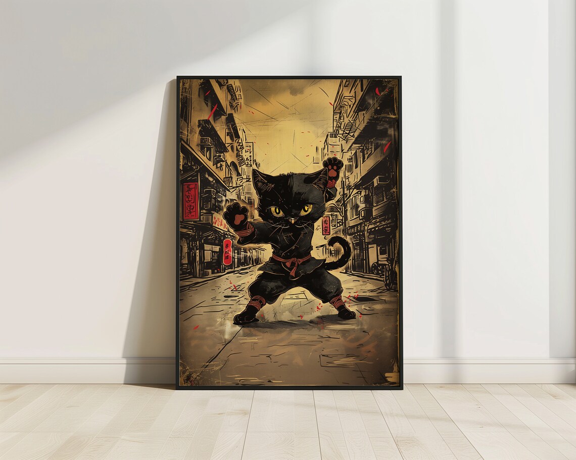 Ninja Black Cat Martial Arts Vintage Street Anime Warrior Feline Poster