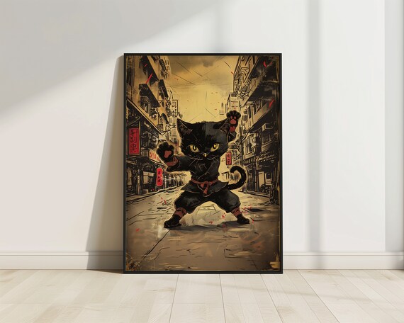 Ninja Black Cat Martial Arts Vintage Street Anime Warrior Feline Poster