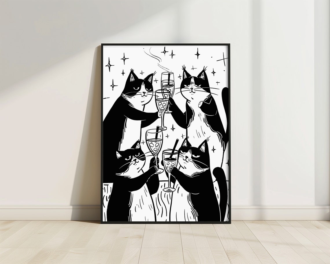 Cheers Cats Toasting Black and White Tuxedo Cat Party Poster