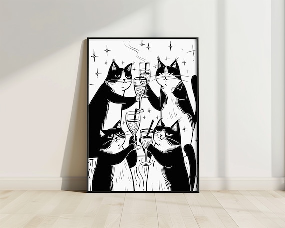 Cheers Cats Toasting Black and White Tuxedo Cat Party Poster