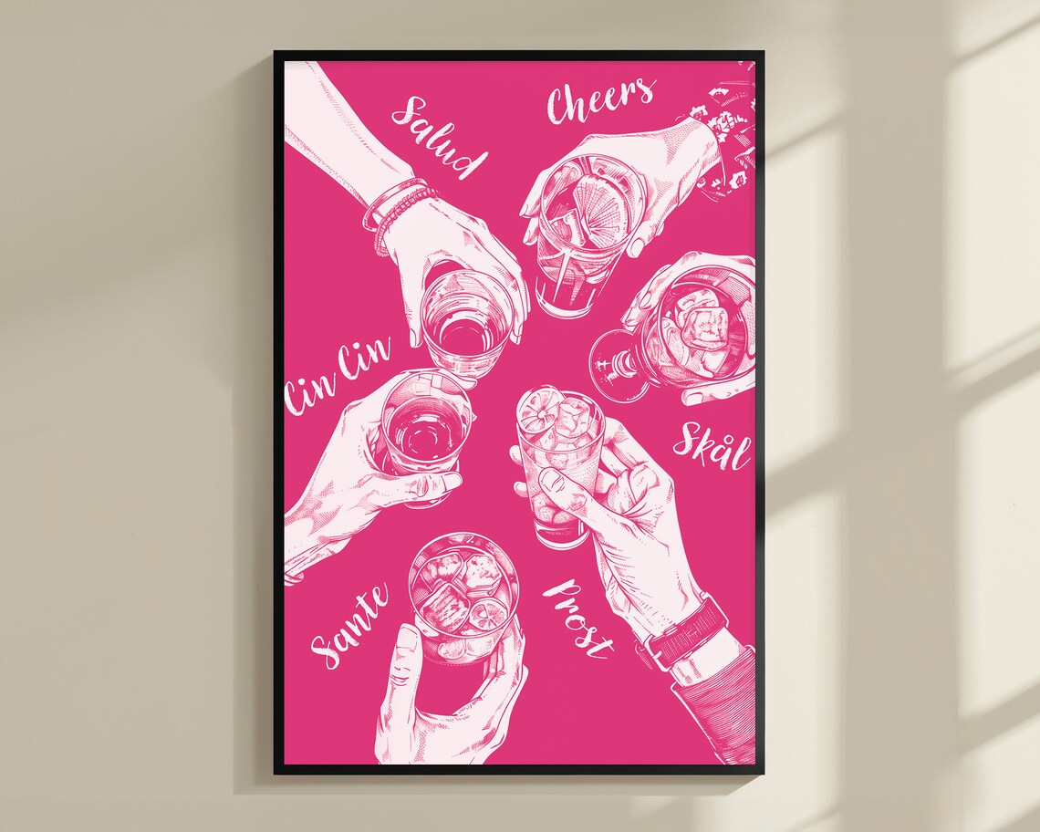 Cheers Hands Pink Toast Salud Skol Prost Multilingual Bar Poster - Image 2
