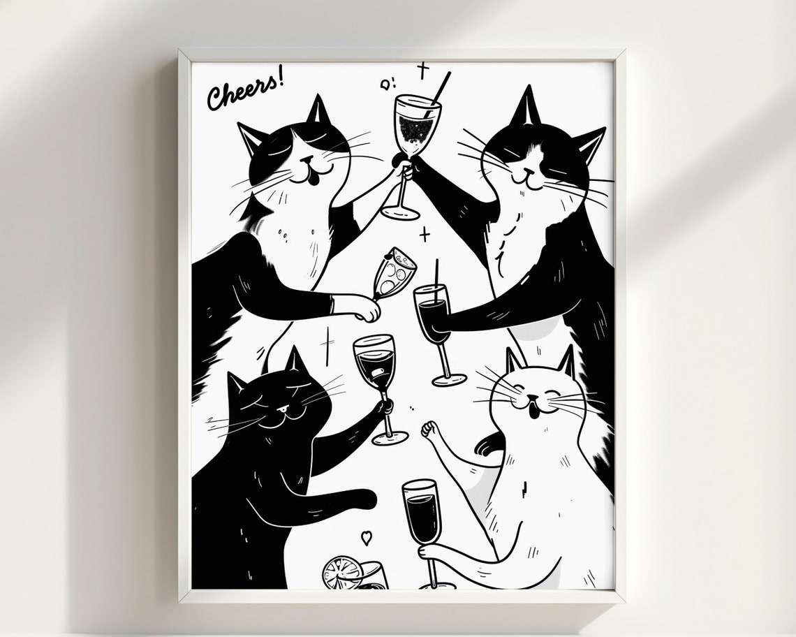 Cheers Cats Celebration Five Cats Cocktail Toast Quote Poster - Image 2