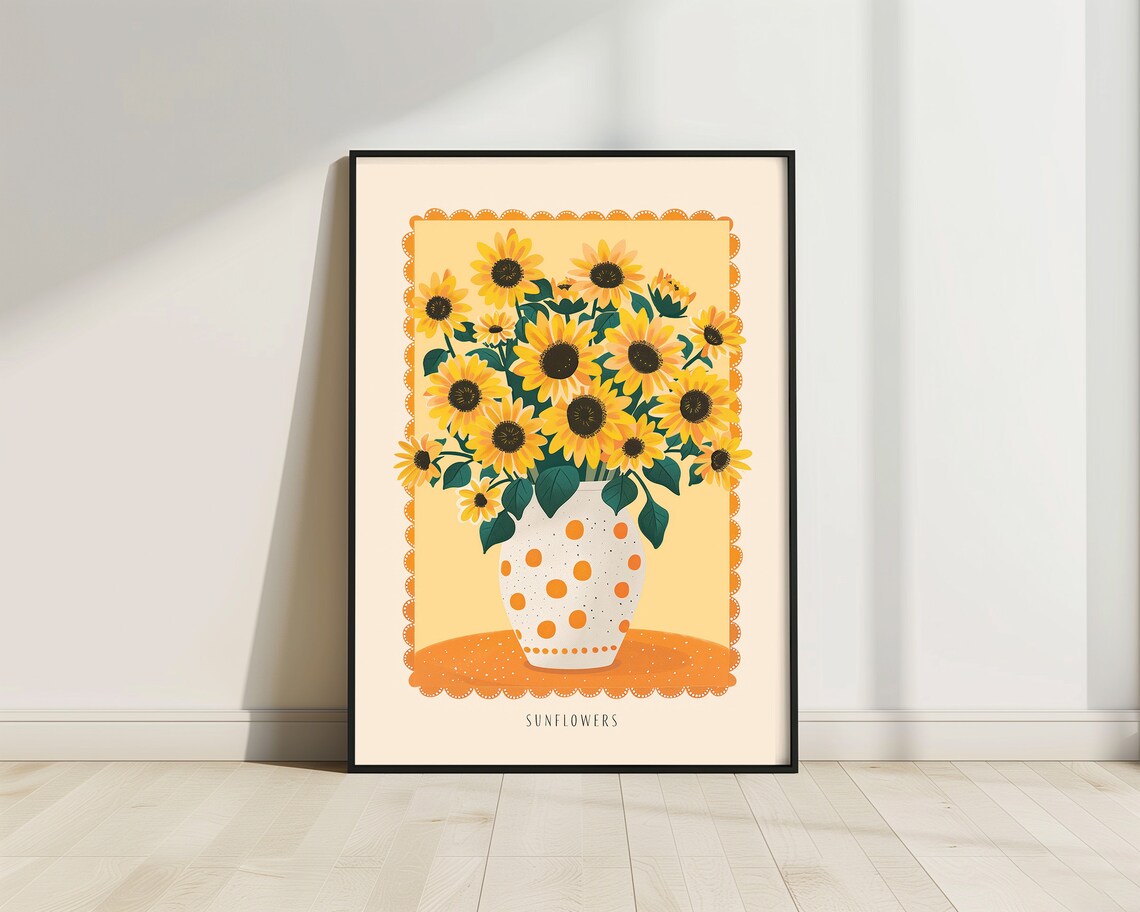 Sunflowers In Polka Dot Vase Vintage Botanical Illustration Print