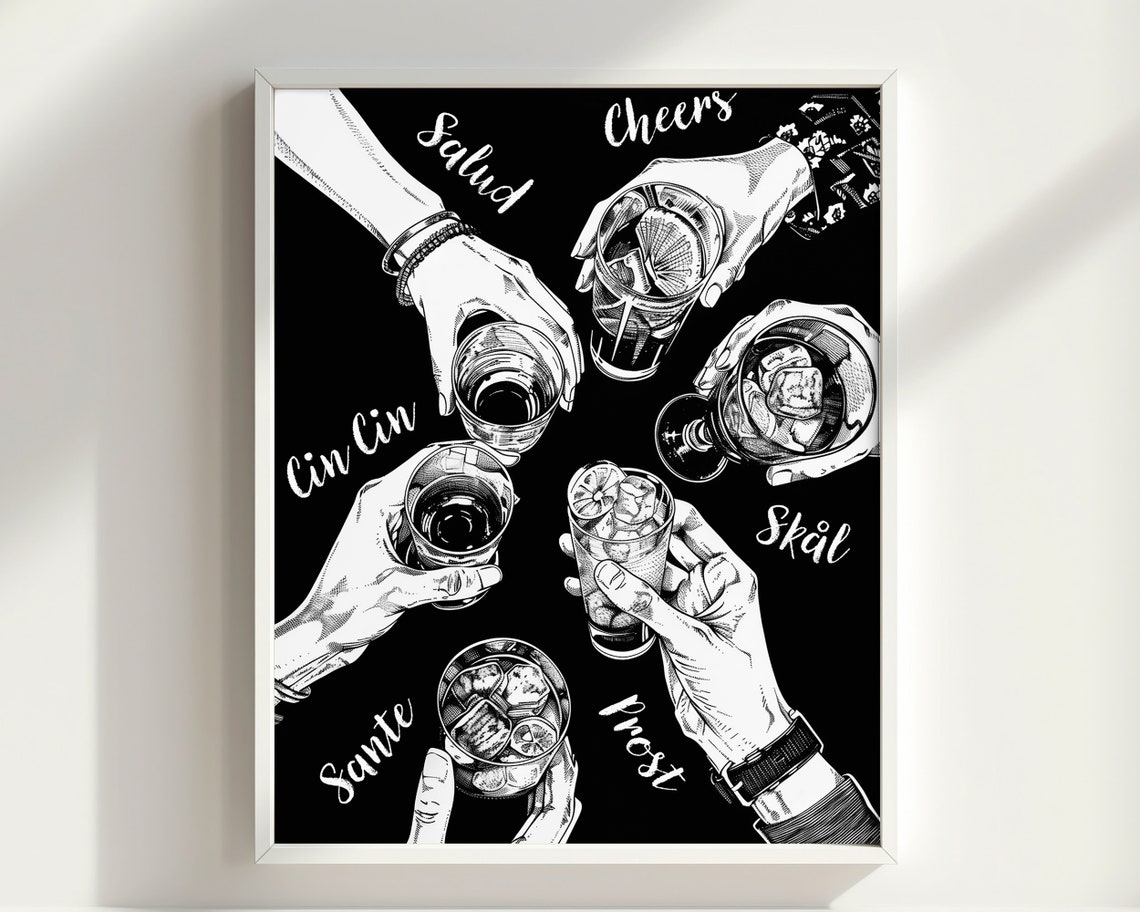 Cheers Hands Black Toast Salud Skol Prost Multilingual Bar Poster - Image 2
