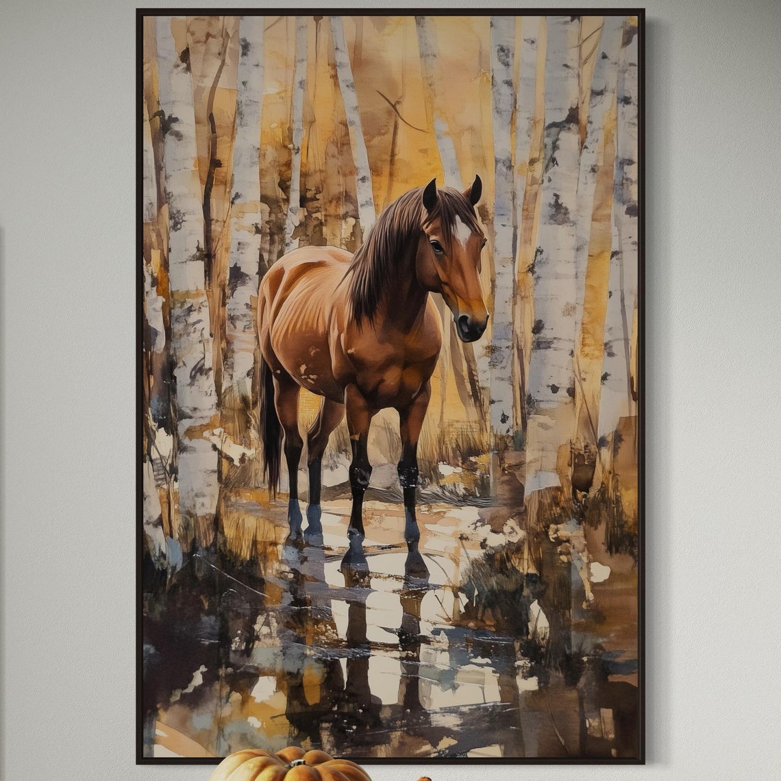 Horse In Autumn Birch Forest Warm Tones Equestrian Country Poster