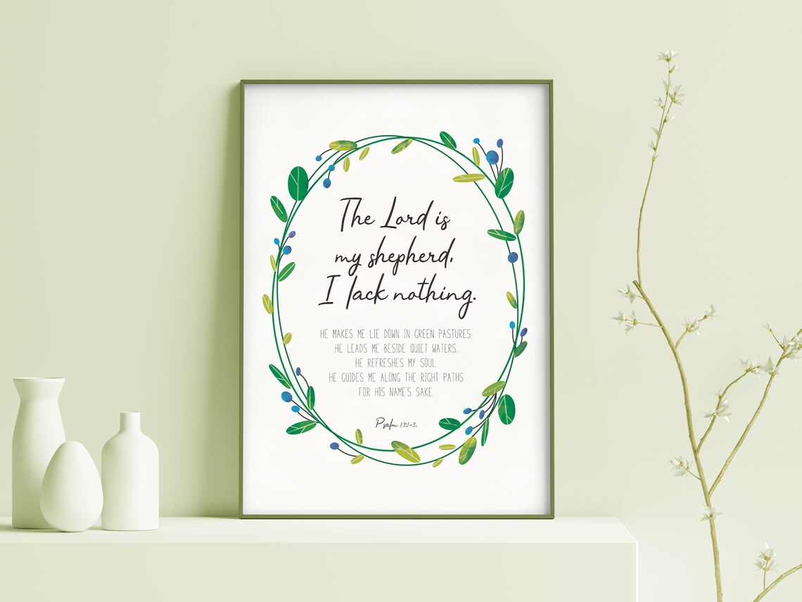 The Lord Is My Shepherd Psalm 23 Green Botanical Wreath Scripture Wall Art - Image 2