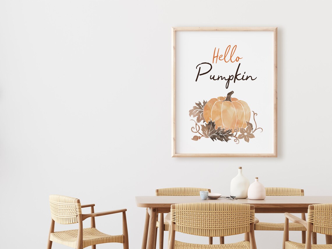 Hello Pumpkin Watercolor Script Fall Autumn Leaves Thanksgiving Wall Art - Image 2