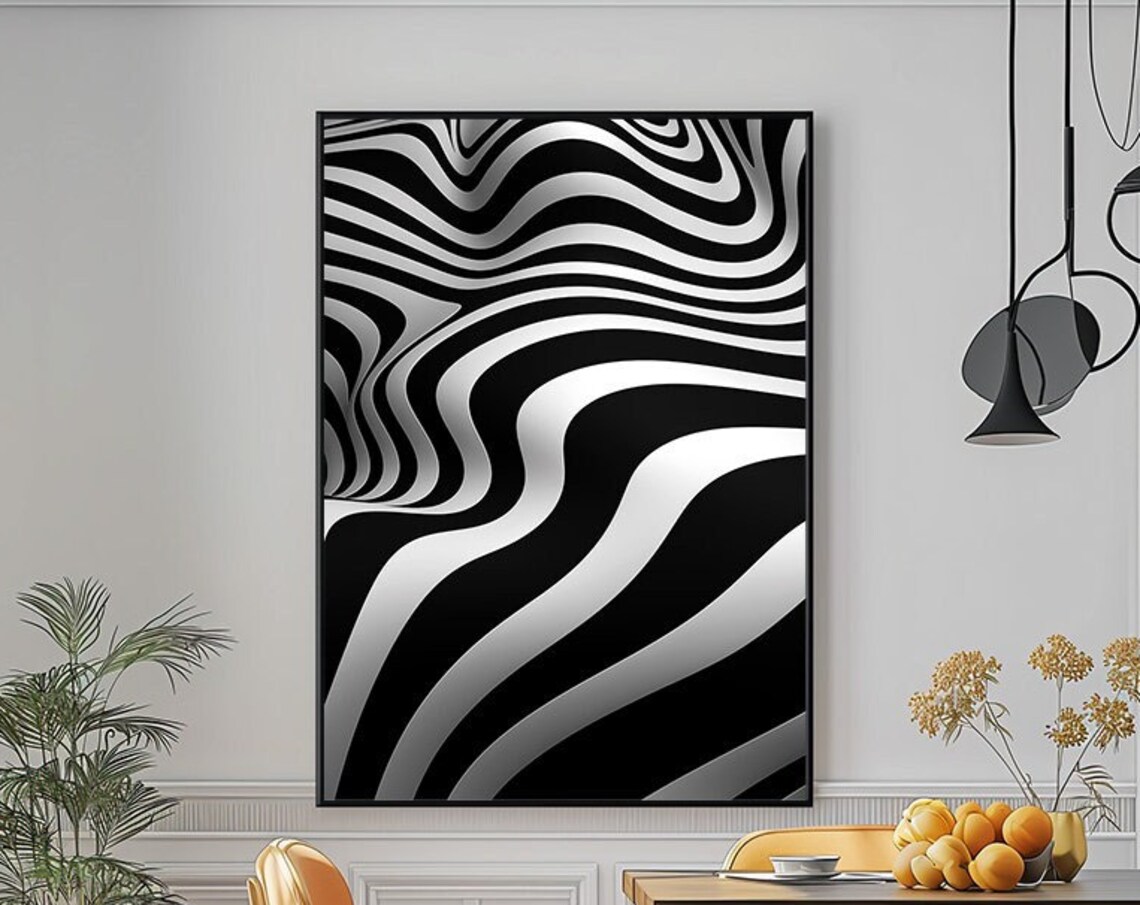 Black And White Abstract Flowing Waves Modern Optical Art Print