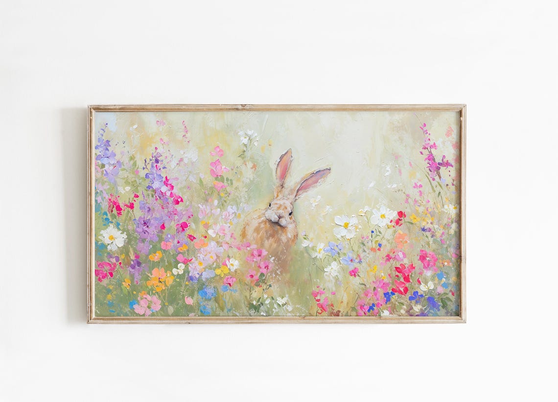 Spring Bunny in Pastel Wildflower Meadow Textured Rabbit Print