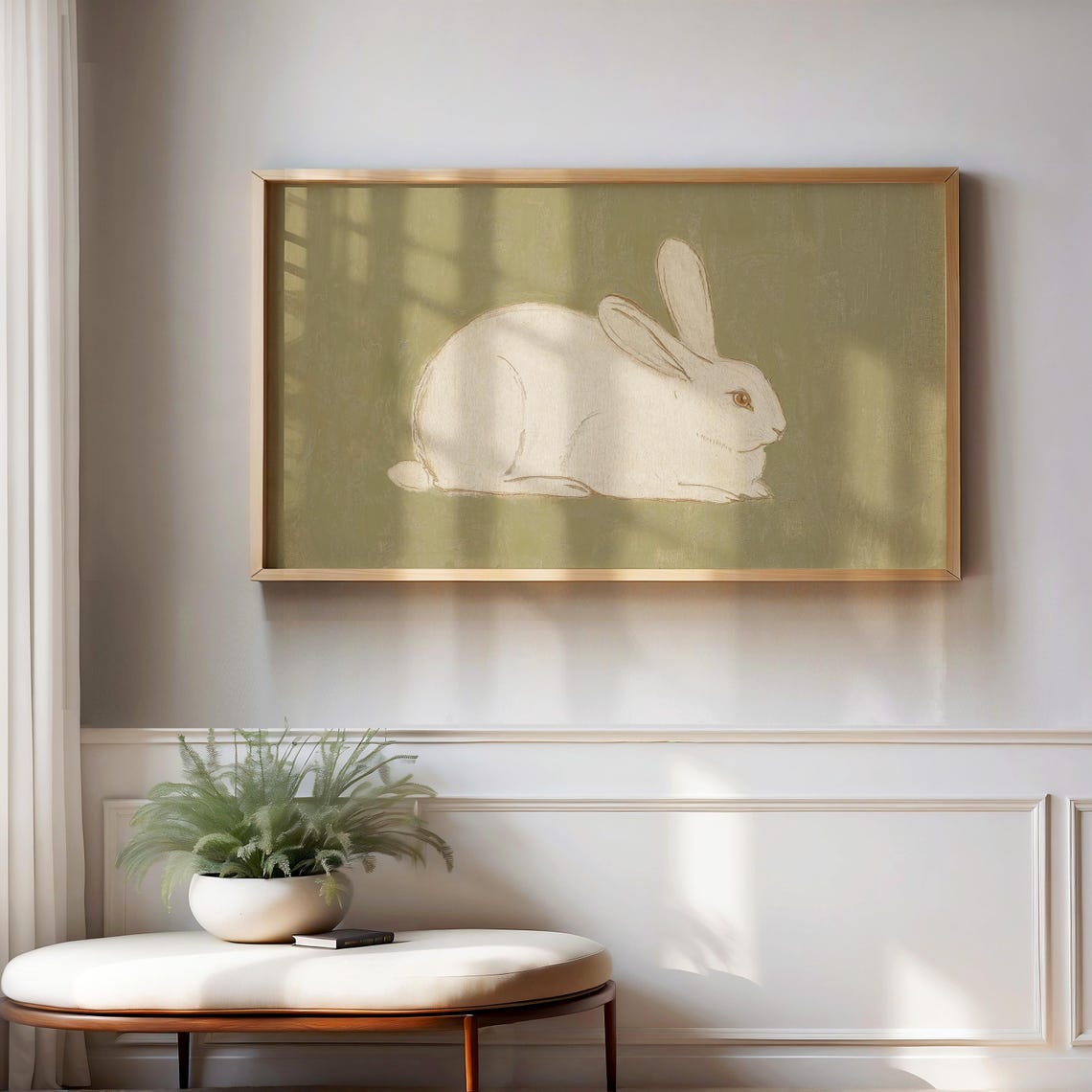 Frame TV Art White Bunny Rabbit Sage Green Modern Vintage Poster - Image 3